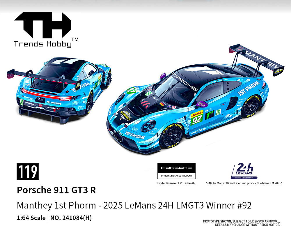 (Preorder) Trends Hobby 1:64 Porsche 911 GT3 R Manthey 1ST Phorm 2025 Le Mans 24H LMGT3 WINNER #92 – Limited Edition