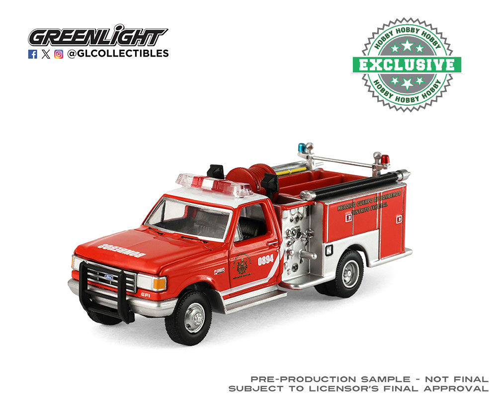 Greenlight 1:64 1990 Ford F-350 Mini Pumper Fire Truck – Heroico Cuerpo de Bomberos Distrito Federal, Mexico – Hobby Exclusives
