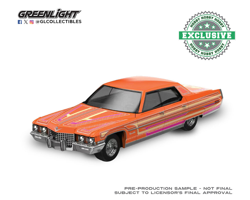 Greenlight 1:64 1972 Cadillac Coupe De Ville Lowriders Sergio Rocha Collaboration – Orange – Hobby Exclusive