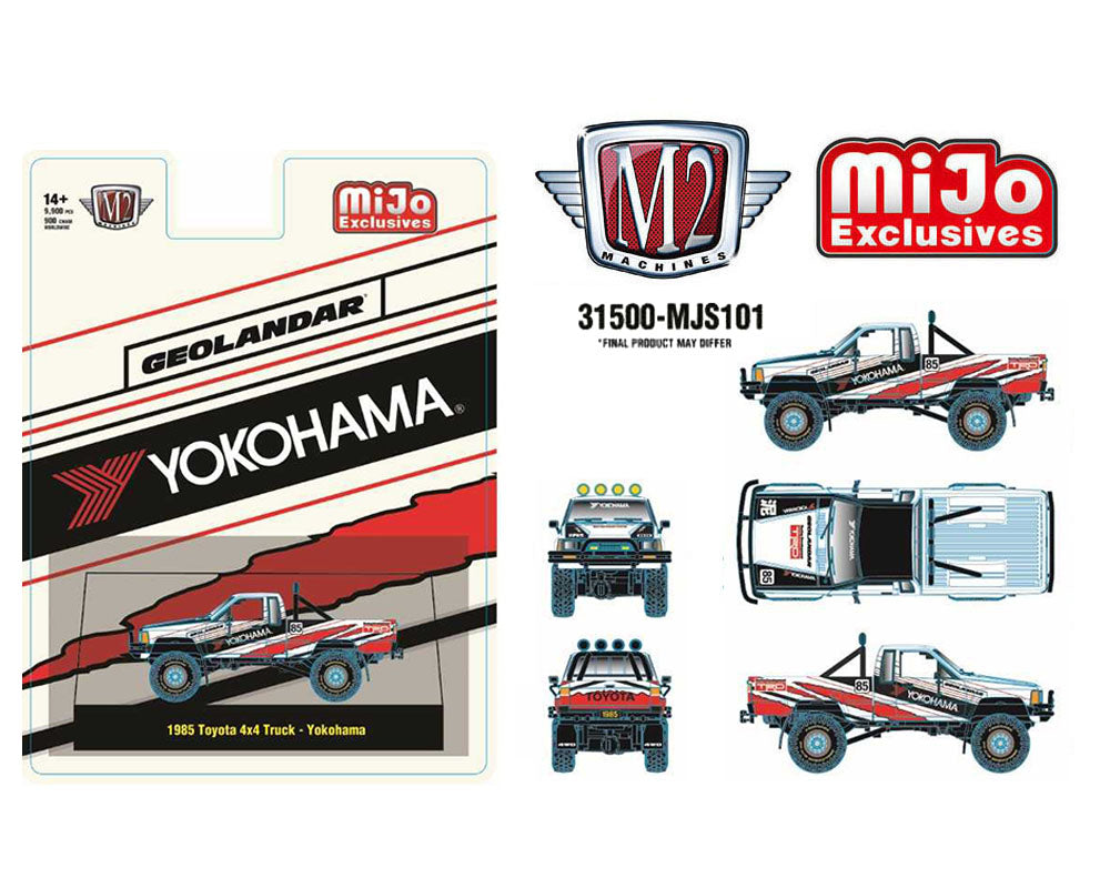 (Preorder) M2 Machines 1:64 1985 Toyota 4×4 Off-Road Pickup Yokohama Geolandar – White – MiJo Exclusives