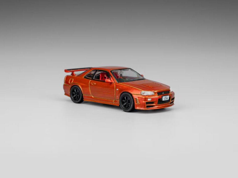 DM MODEL 1/64 Nissan R34 Hanging Card Board Diecast Mode lE. LL-044-237 Sunset Orange(RHD)