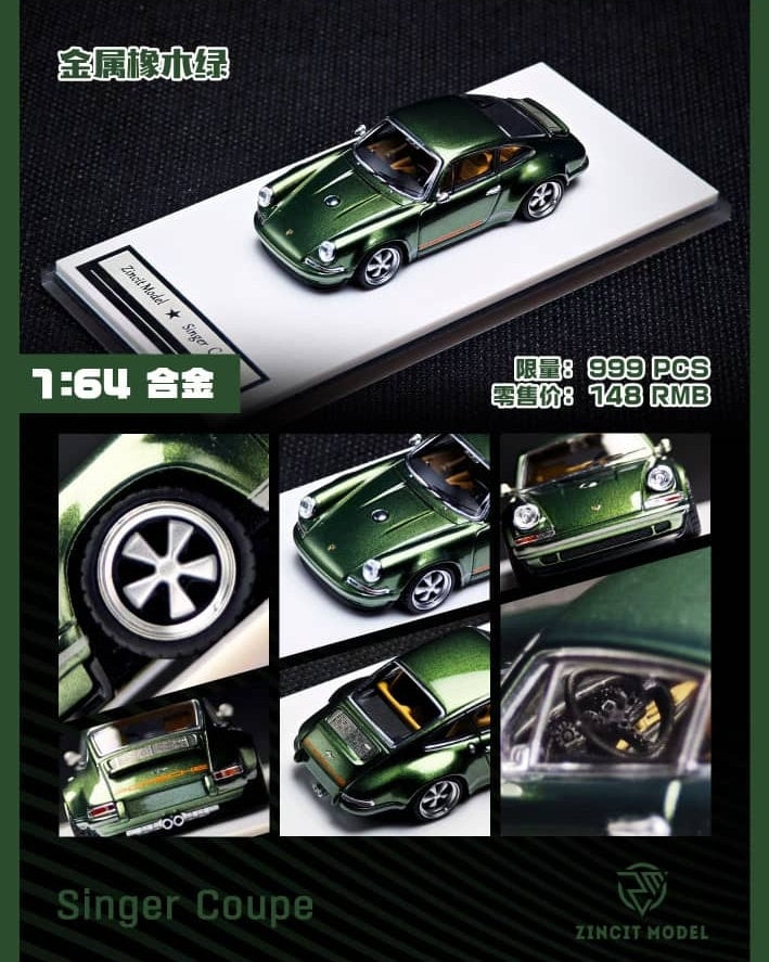Zincit Model 1:64 Diecast Model Singer 911 964 Coupe Metallic Green