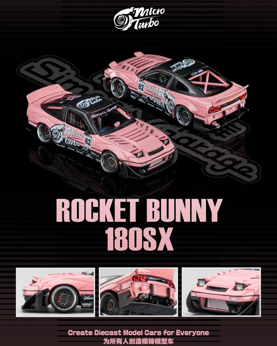 Simons Garage x MicroTurbo MT 1:64 Diecast Model Pink 62# Livery A) S13 Silvia 180SX,Pandem Rocket Bunny(MT6407C4)
