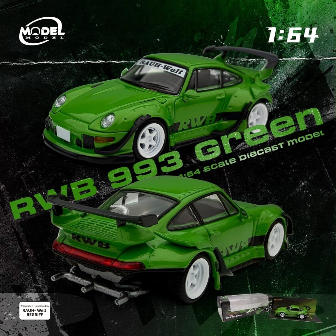 ModelModel MM 1:64 Diecast Model Rauh-Welt Licensed Product - RWB 993 GT Wing Color: Green