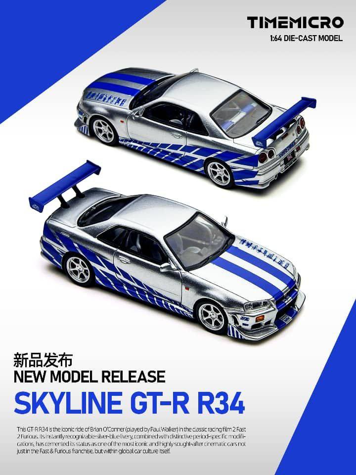 Time Mirco TM 1:64 Diecast Model GT-R R34 V-SPEC-II F2NF2 Silver-Blue(TM800502)