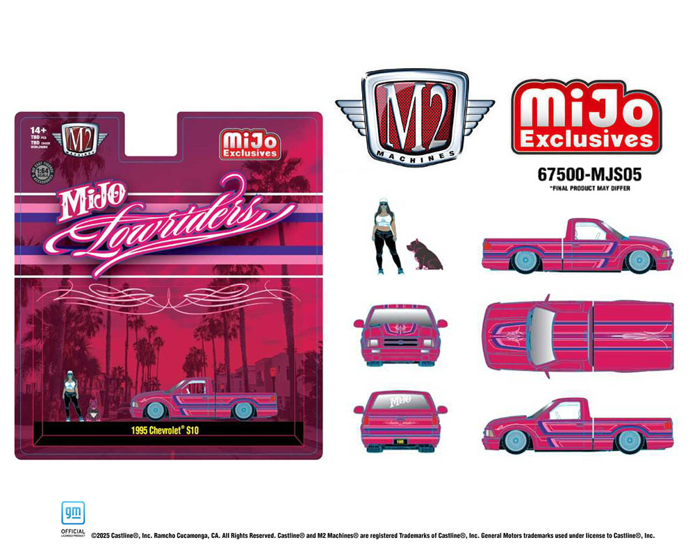M2 Machines 1:64 Diorama Series 1995 Chevrolet S10 Lowriders with Girl & Pitbull Dog Figures – Pink – Mijo Exclusives