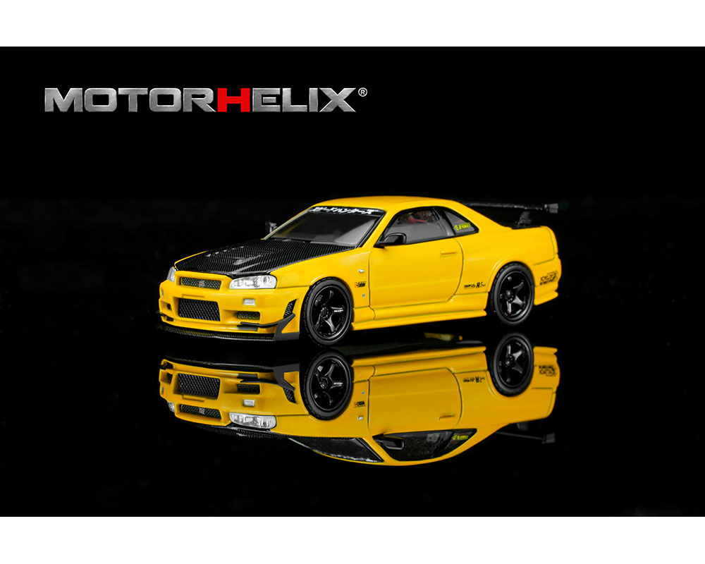 (Preorder) Motor Helix 1:64 Nissan Skyline GT-R R34 Custom with GT Aero Kit – Lightning Yellow – Special Edition