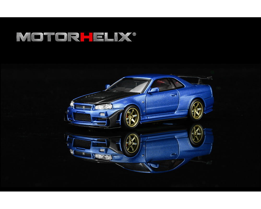 (Preorder) Motor Helix 1:64 Nissan Skyline GT-R R34 Custom with GT Aero Kit – Bayside Blue – Special Edition