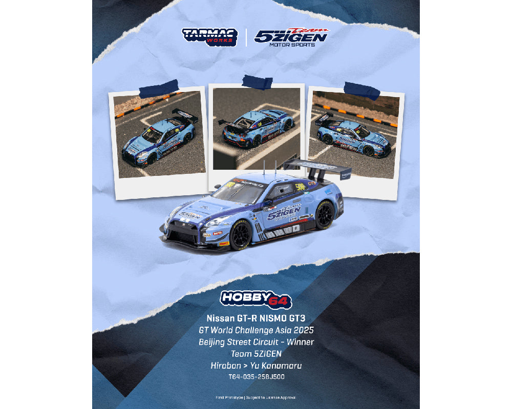 (Preorder) Tarmac Works 1:64 Nissan GT-R NISMO GT3 GT World Challenge Asia 2025 Beijing Street Circuit – Winner TEAM 5ZIGEN Hirobon / Yu Kanamaru- Hobby64
