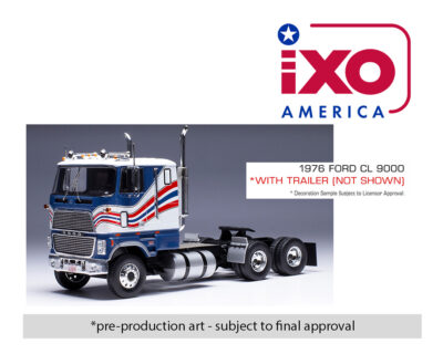 (Preorder) IXO Model 1:64 1976 Ford CL9000 With Vintage Trailer – Red, White & Blue