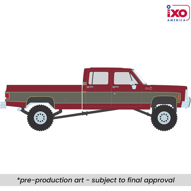 IXO 1:64 1977 GMC Sierra Grande K2500 Crew Cab Wideside - Dark Red Metallic and Silver Special Two-Tone - Lifted