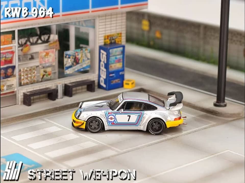 Street Weapon SW 1:64 Diecast Model RWB 964 GT Wing, Rauh-Welt Modified Matt Silver Martini Livery