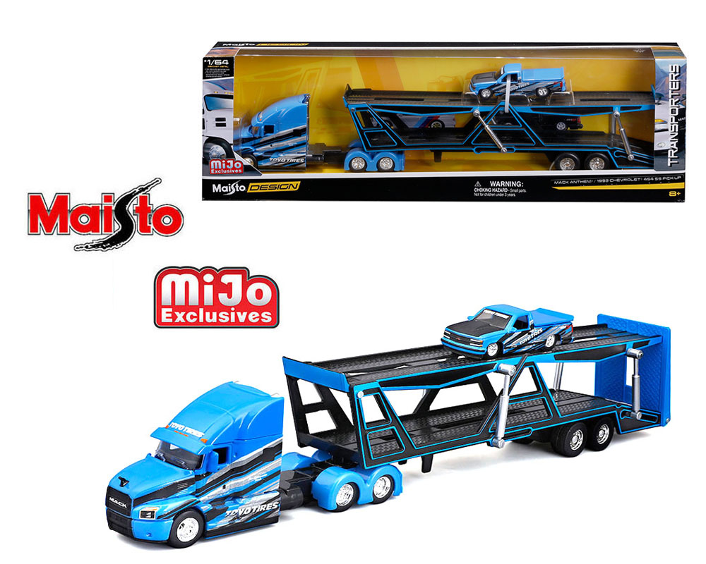(Preorder) Maisto 1:64 Mijo Exclusives Mack Anthem / 1993 Chevrolet 454 SS Pick-Up Truck – Blue – Design Transporters