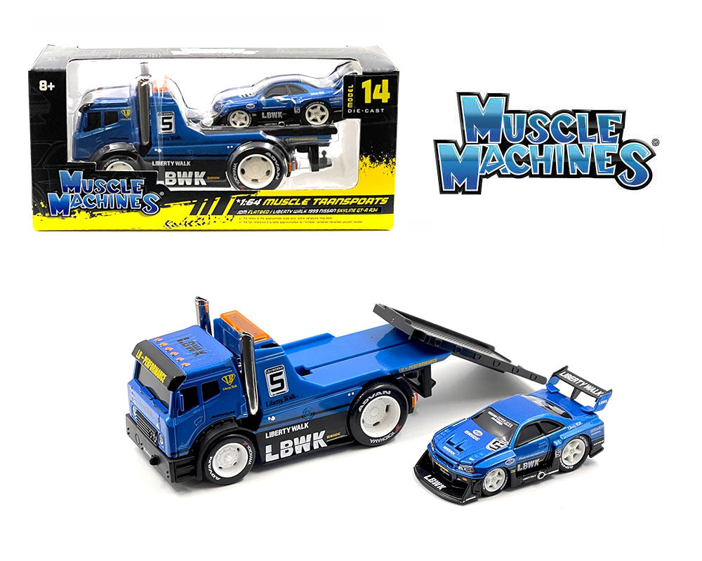 Muscle Machines 1:64 JDM Flatbed Truck with Liberty Walk 1999 Nissan Skyline GT-R R34 – Blue – Transport