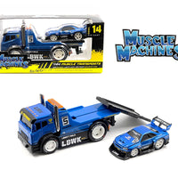 Muscle Machines 1:64 JDM Flatbed Truck with Liberty Walk 1999 Nissan Skyline GT-R R34 – Blue – Transport