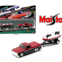 Maisto 1:64 1987 Chevrolet 1500 with Trailer with Bass Boat – Red black – Tow & Go