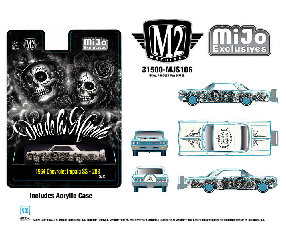 M2 Machines 1:64 2026 “Dias De Los Muertos” 1964 Chevrolet Impala SS Hard Top Lowriders – Pearl White – Mijo Exclusives