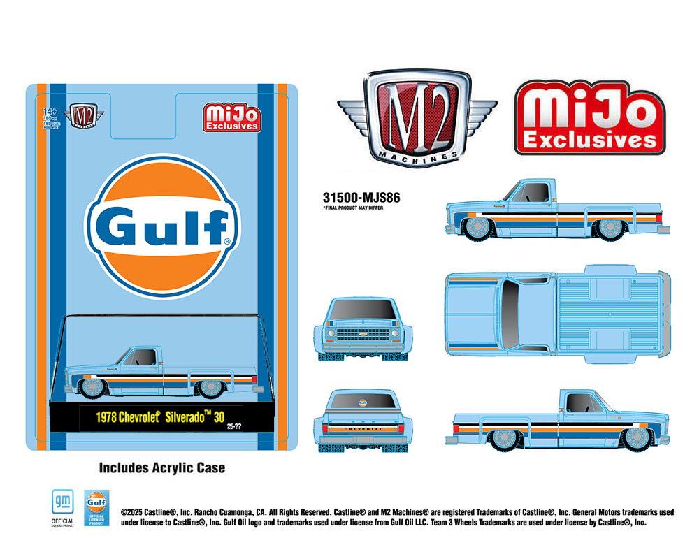 (Preorder) M2 Machines 1:64 1978 Chevrolet Silverado 30 Custom GULF – Blue – MiJo Exclusives Limited Edition