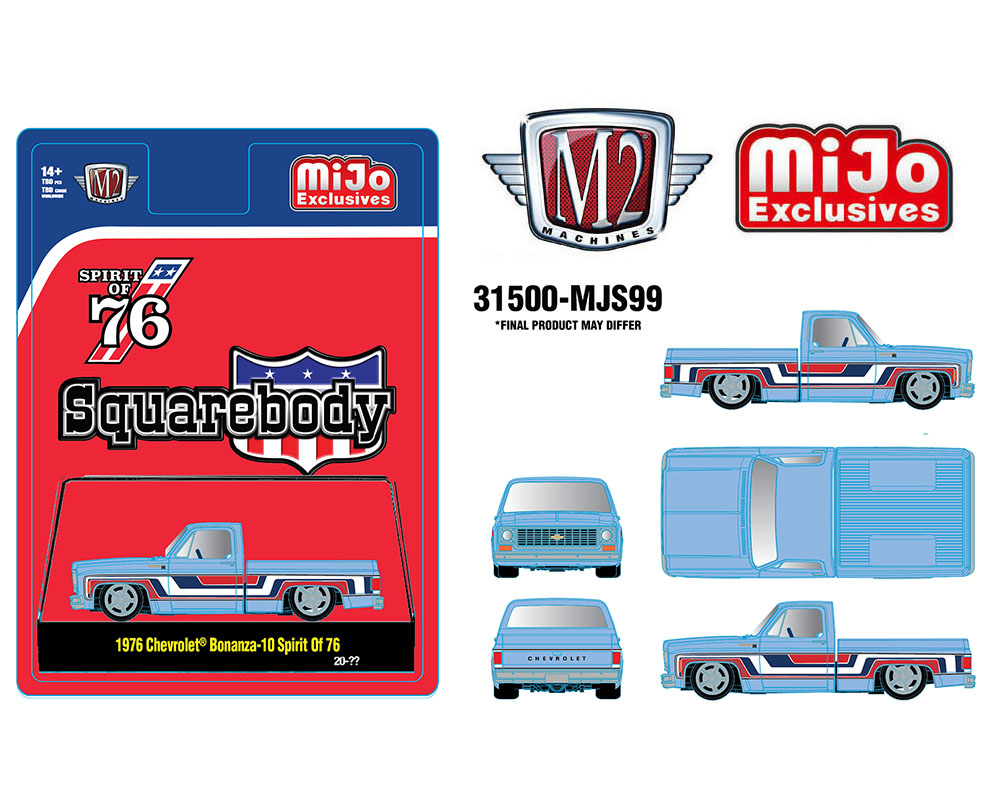 (Preorder) M2 Machines 1:64 1976 Chevrolet Silverado Bonanza-10 SPIRIT OF 76 Squarebody USA Special Edition – Blue – MiJo Exclusives