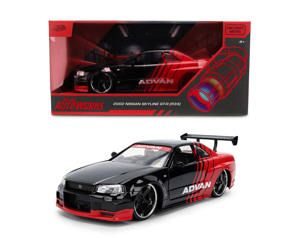 Jada 1:24 2002 Nissan Skyline GT-R (R34) ADVAN – Black Red – Autoworks