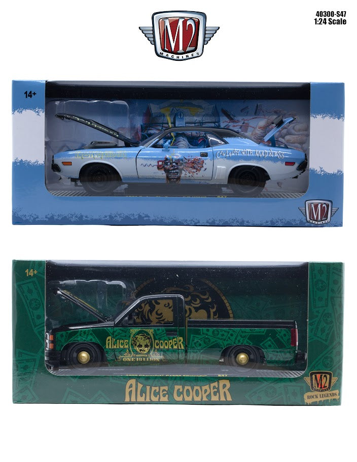 M2 1/24 Irona Maiden/Motley Crue 2 Pack Exclusive 1971 Dodge Challenger R/T HEMI and 1990 Chevrolet C1500 Silverado