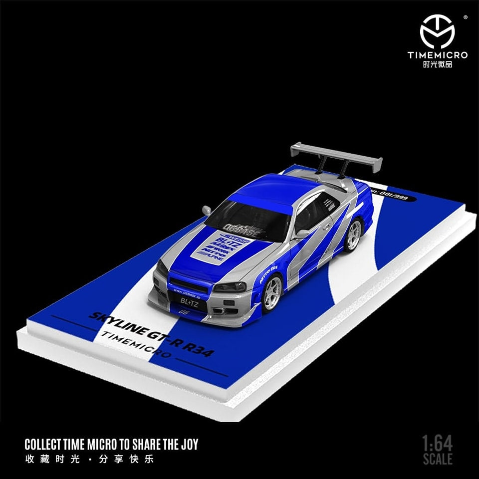 Time Micro TM 1:64 Diecast Model GT-R R34 V-SPEC-II Blue-Silver Color