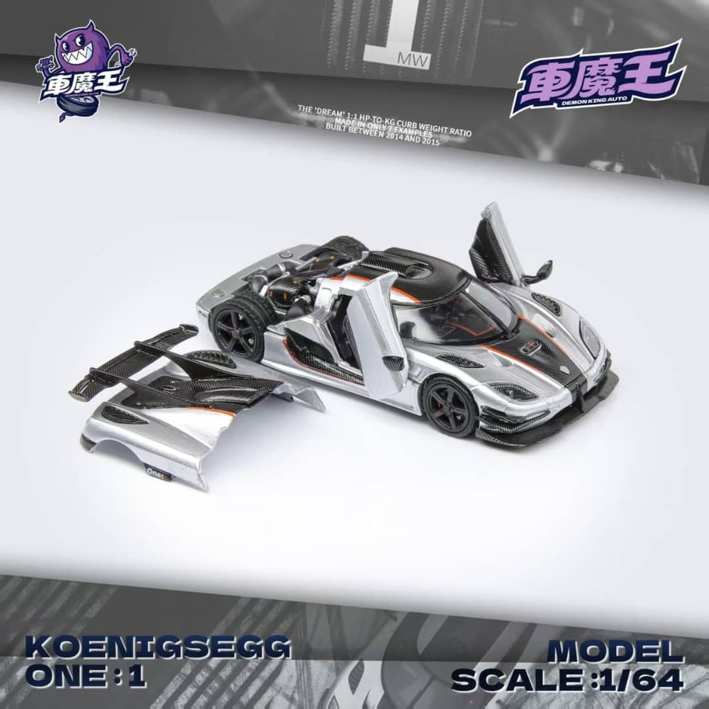 Demon King Auto 1:64 Diecast Model Koenigsegg Agera, One:1 Openable Doors and Magnetic Engin Hood, Visible Engine Silver Color