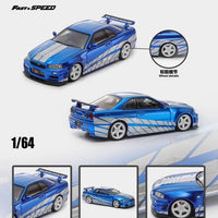 Fast Speed FS 1:64 Diecast Model Skyline GT-R R34 Nismo Z-Tune Blue with Silver Strips