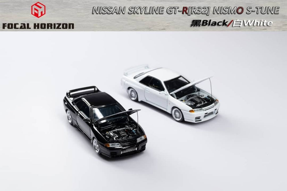 Focal Horizon FH 1:64 Diecast Model Nismo *S-Tune* Skyline GT-R R32 Open-Hood, Visible Engine Black and White 2 Car Set