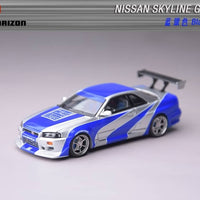 Focal Horizon FH 1:64 Diecast Model Skyline GT-R R34, C-West Customized Open-Hood, Visible Engine NFS Silver Blue Livery