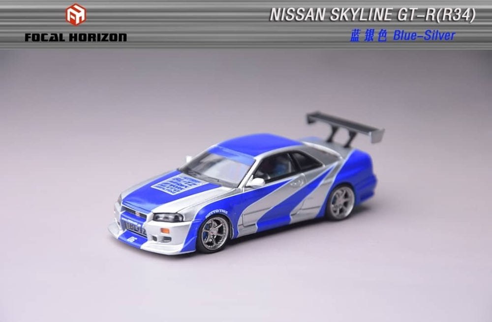Focal Horizon FH 1:64 Diecast Model Skyline GT-R R34, C-West Customized Open-Hood, Visible Engine NFS Silver Blue Livery