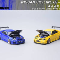 FOCAL HORIZON 1:64 Diecast Model Nissan Skyline GT-R (R34) with High Wing Blue Carbon Hood and Yellow Carbon Hood