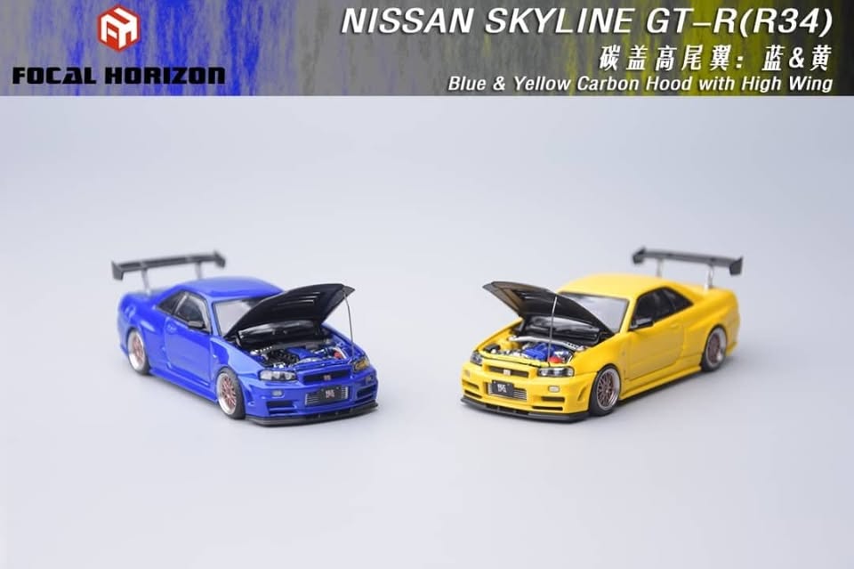 FOCAL HORIZON 1:64 Diecast Model Nissan Skyline GT-R (R34) with High Wing Blue Carbon Hood and Yellow Carbon Hood