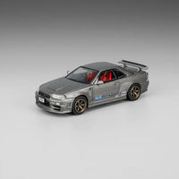 DM MODEL 1/64 Nissan R34 Hanging Card Board Diecast Model. D. LL-044-236 Gun Gray Latte Art(RHD)