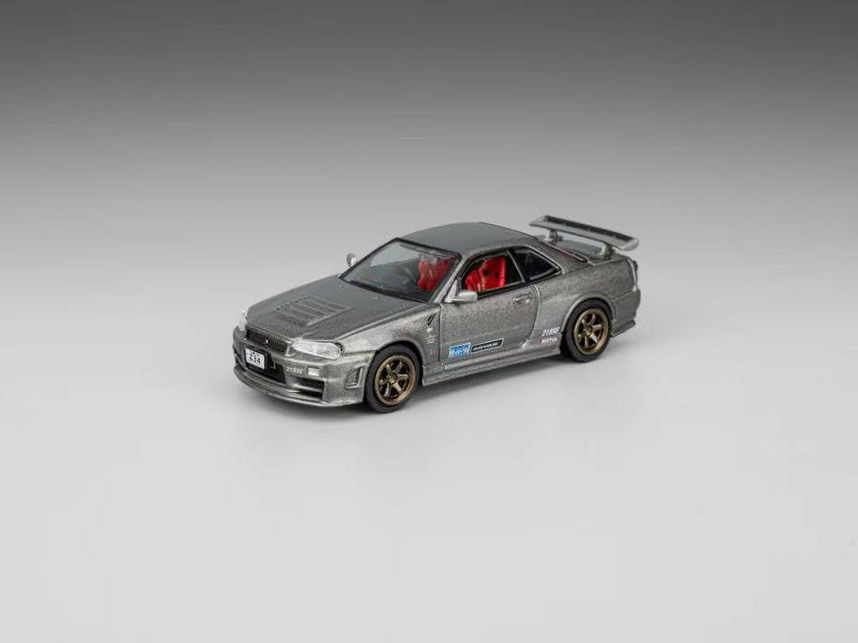 DM MODEL 1/64 Nissan R34 Hanging Card Board Diecast Model. D. LL-044-236 Gun Gray Latte Art(RHD)