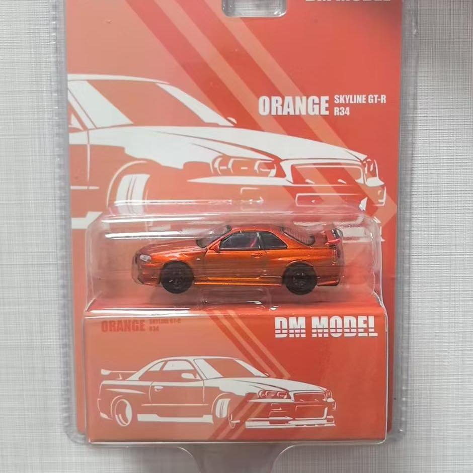 DM MODEL 1/64 Nissan R34 Hanging Card Board Diecast Mode lE. LL-044-237 Sunset Orange(RHD)