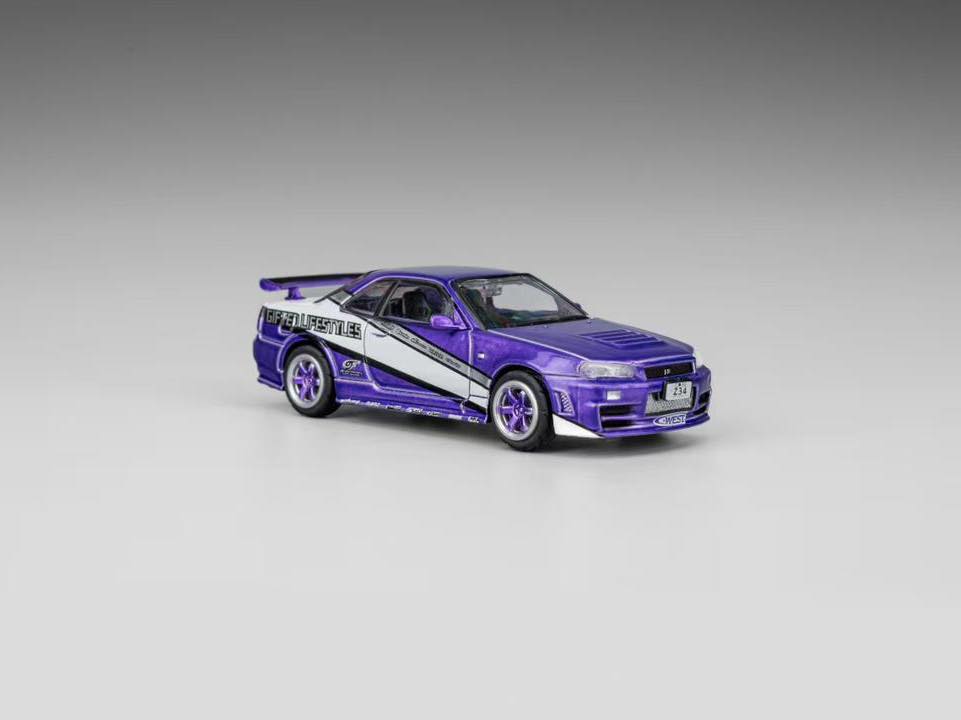 DM MODEL 1/64 Nissan R34 Hanging Card Board Diecast Model. B. LL-044-234 Candy Purple(RHD)