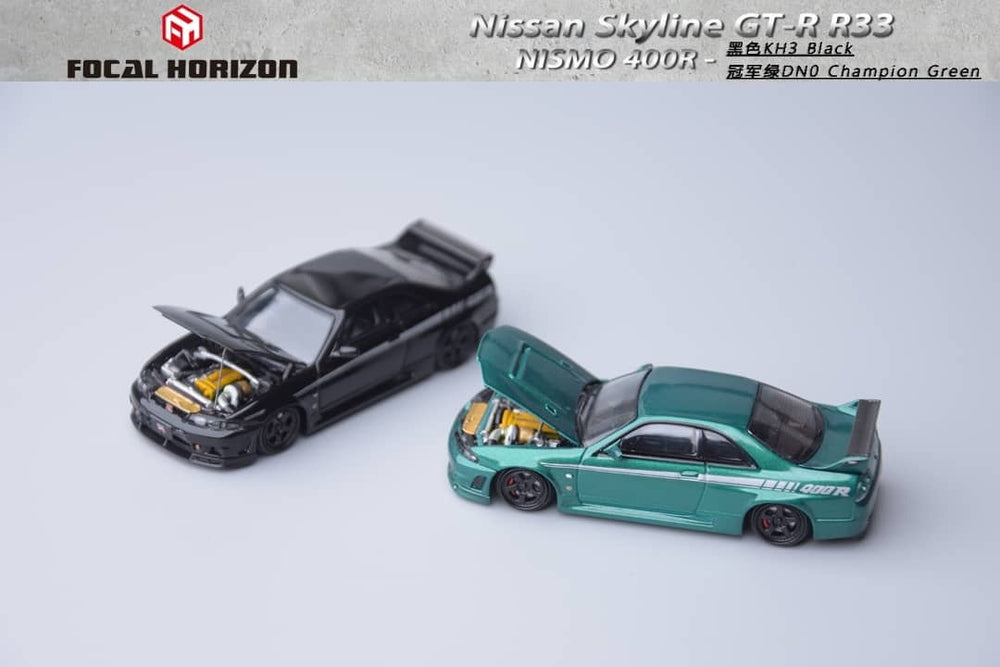 Focal Horizon FH 1:64 Diecast Model Skyline R33 GT-R, Nismo 400R Open-Hood, Visible Engine Color: Black / Champion Green