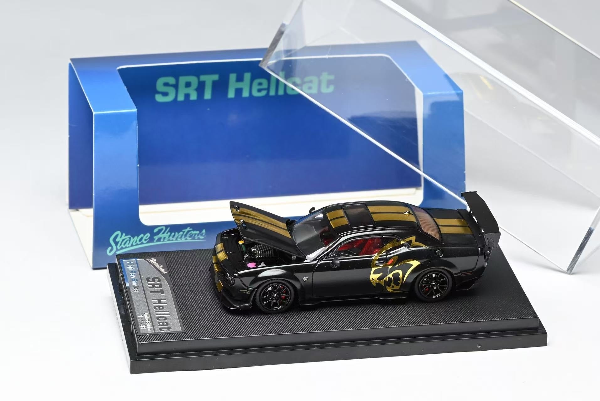 Stance Hunters SH 1:64 Diecast Model Dodge SRT Hellcat Open-Hood, Visible Engine Midnight Matt Black Color