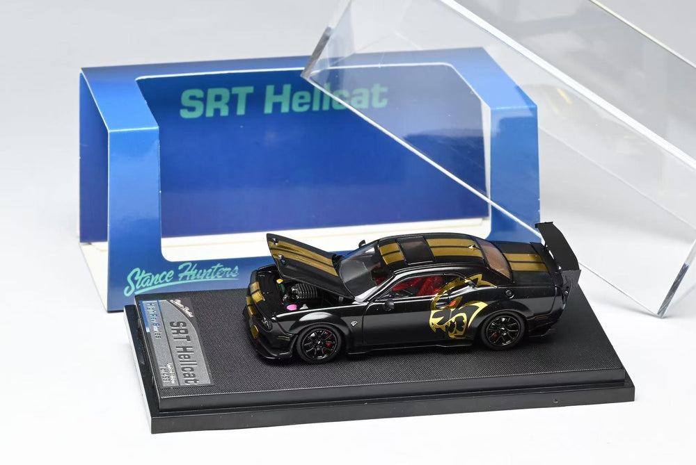 Stance Hunters SH 1:64 Diecast Model Dodge SRT Hellcat Open-Hood, Visible Engine Midnight Matt Black Color
