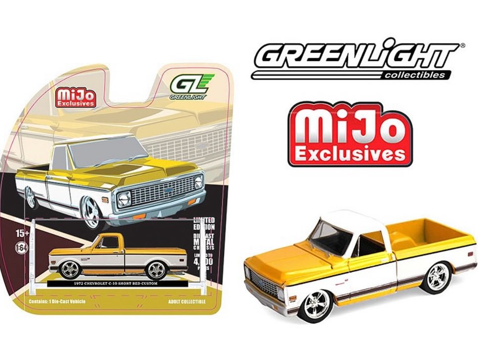 Greenlight 1:64 1972 Chevrolet C-10 Short Bed Custom – Mustard Yellow with White Two-Tone – Mijo Exclusives