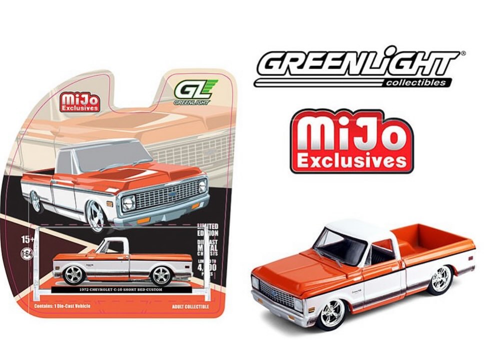 Greenlight 1:64 1972 Chevrolet C-10 Short Bed Custom – Orange with White Two-Tone – Mijo Exclusives