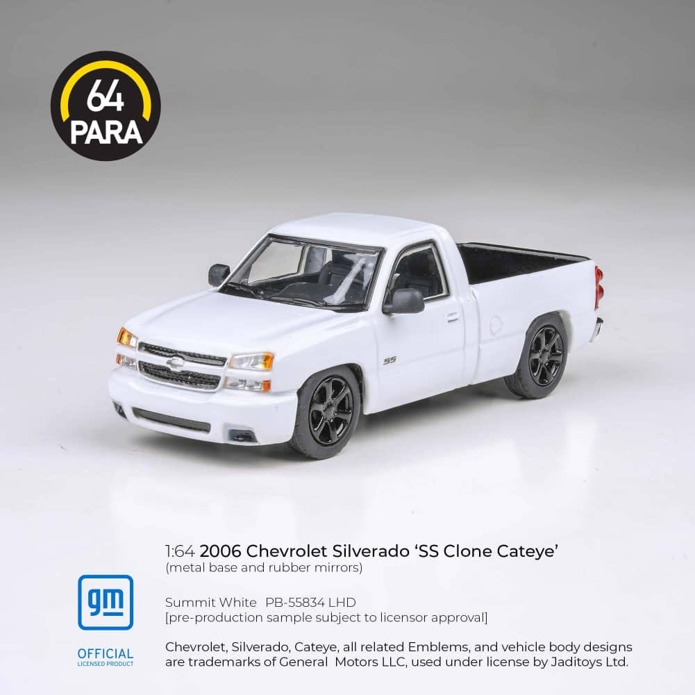 Para64 1:64 Diecast Model General Motors Licensed Products Chevrolet Silverado(SS Clone Cateye) Single Cab 2006 - White