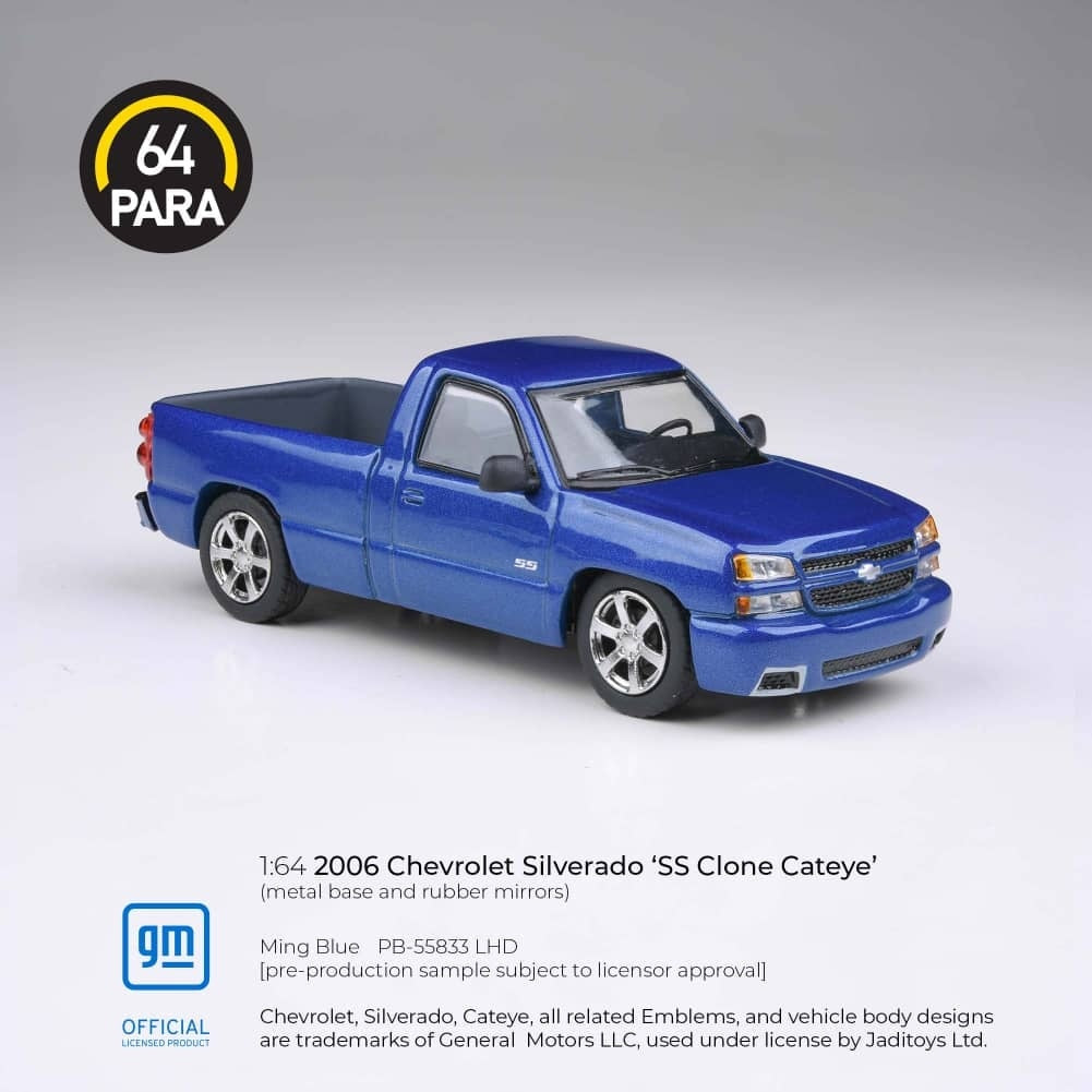 Para64 1:64 Diecast Model General Motors Licensed Products Chevrolet Silverado(SS Clone Cateye) Single Cab 2006 - Blue