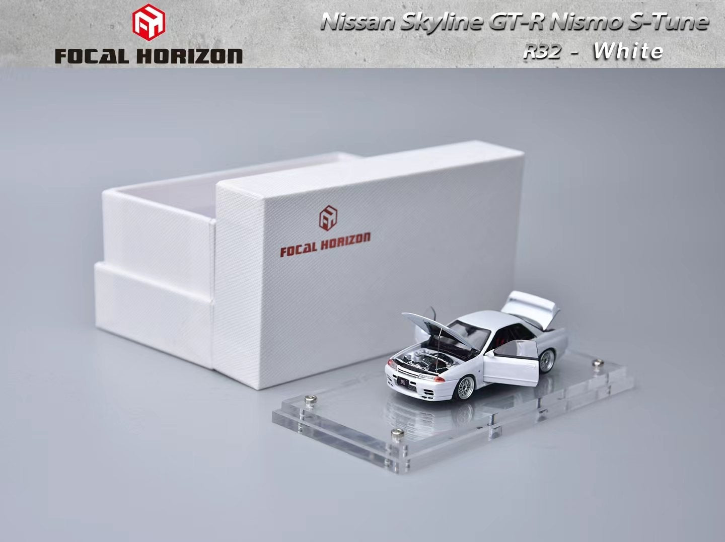Focal Horizon FH 1:64 Fully Open Diecast Model Nismo *S-Tune* Skyline GT-R R32 Open-Hoods+Doors, Visible Engine White Color