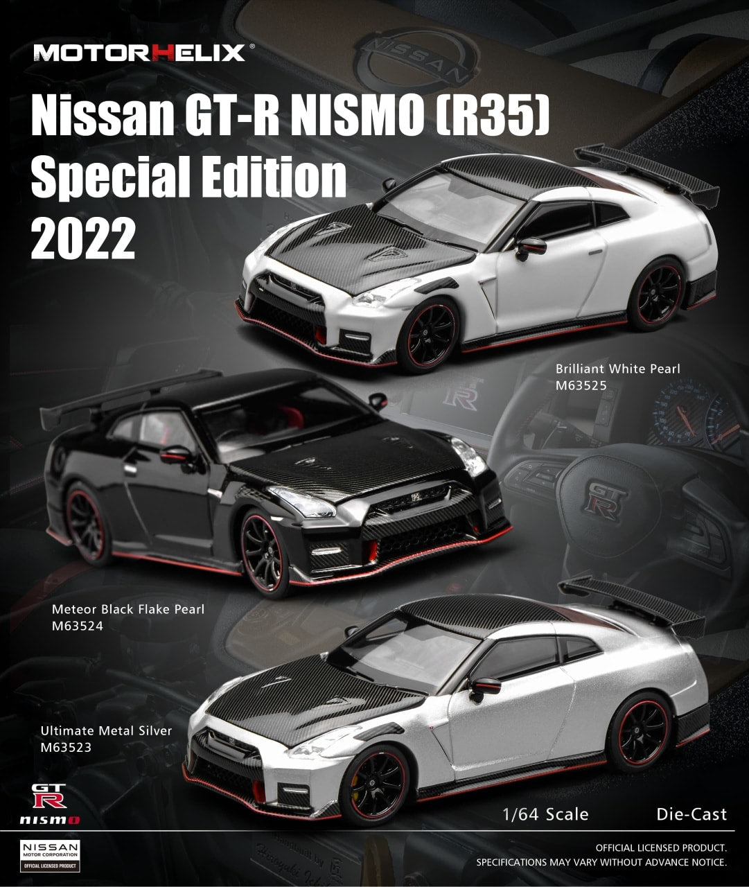 *Pre-Order Available* Motorhelix MH 1:64 Diecast Model Nissan Licensed Product - GT-R R35, Special Edition By Nismo 2022 Open-Hood, Visible Engine Color(M63523-25): Metallic Silver / Pearl Black / Peral White