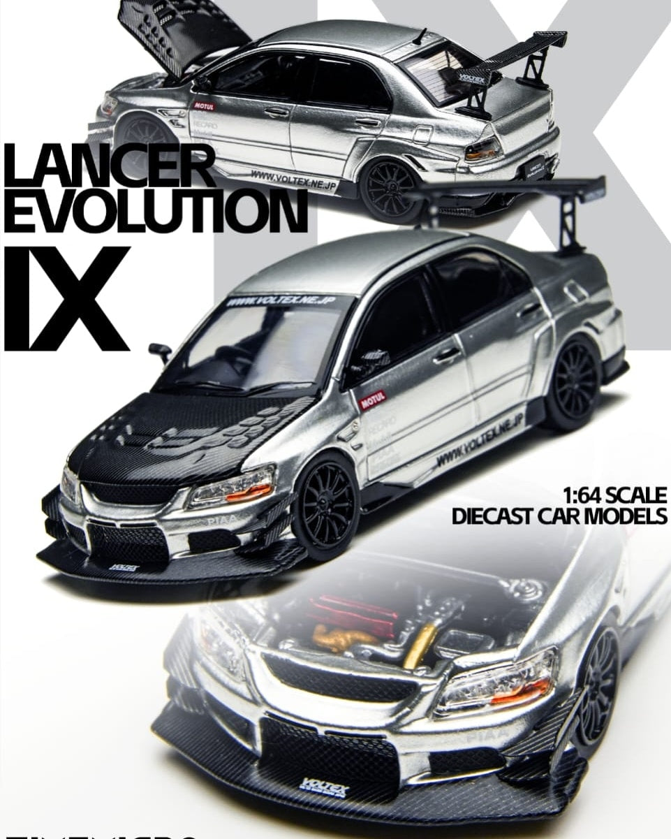 Time Micro TM 1:64 Diecast Model Lancer Evolution EVO IX Open-Hood, Visible Engine Silver with Carbon-Hood(TM800213)