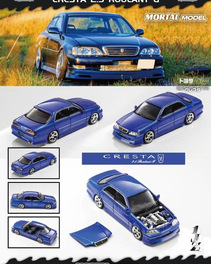 Mortal 1:64 Diecast Model Toyota Cresta Mk5 X100 2.5 Roulant G Open-Hood,Visible Engine Color: Pearl Blue