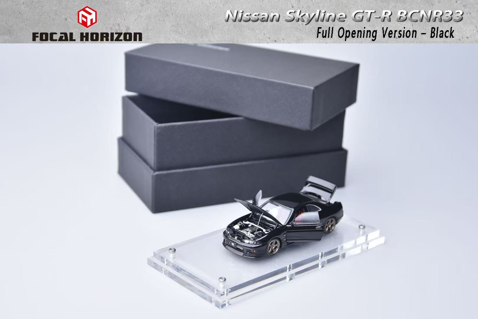 Focal Horizon FH 1:64 Fully Open Diecast Model Skyline R33 GT-R BCNR33 Open-Hoods+Doors, Visible Engine Black Color