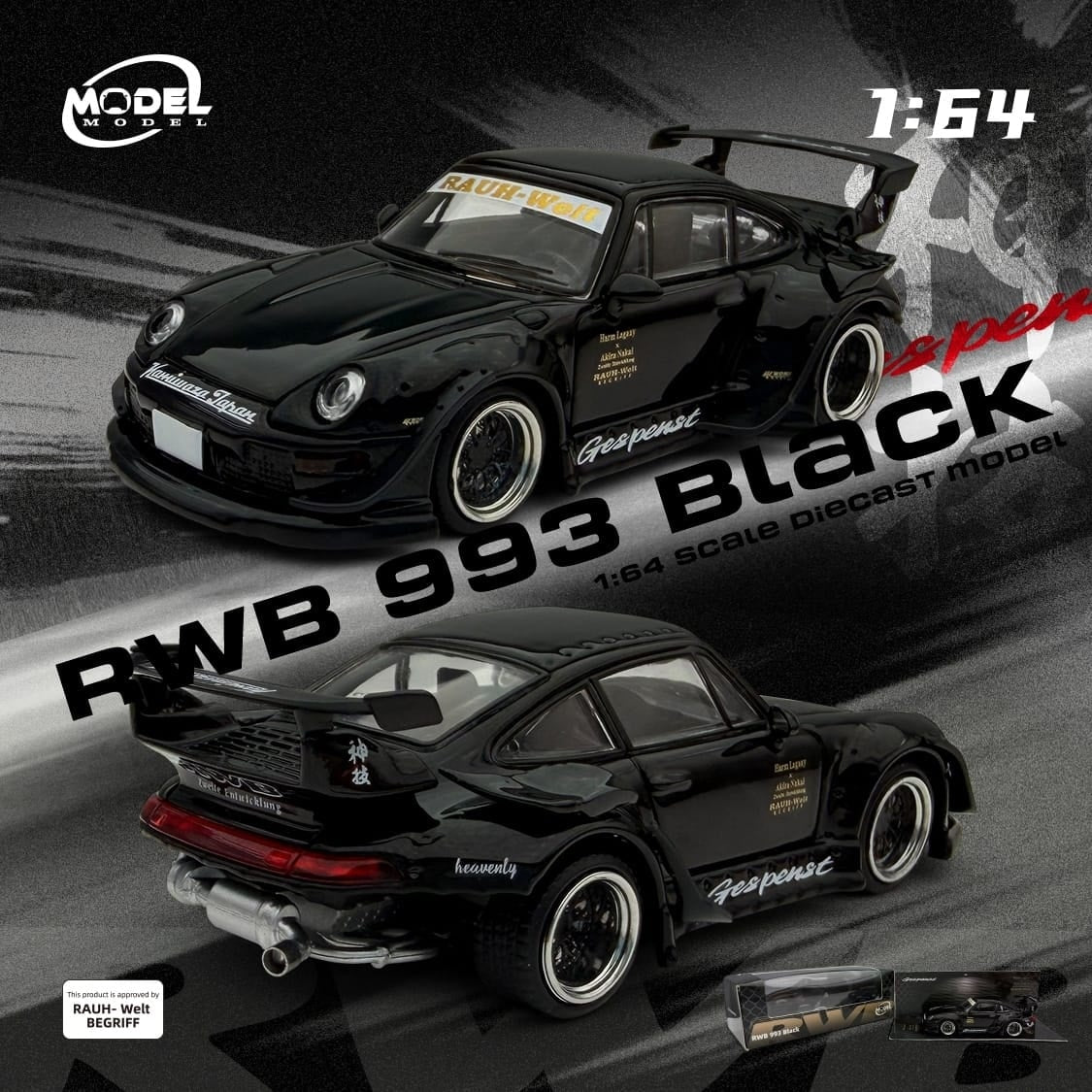 ModelModel MM 1:64 Diecast Model Rauh-Welt Licensed Product - RWB 993 GT Wing Color: Black